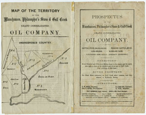 Prospectus [for the Munchausen, Philospher&rsquo;s Stone & Gull Creek Grand Consolidated Oil Company]. [Pittsburgh?, ca. 1865].